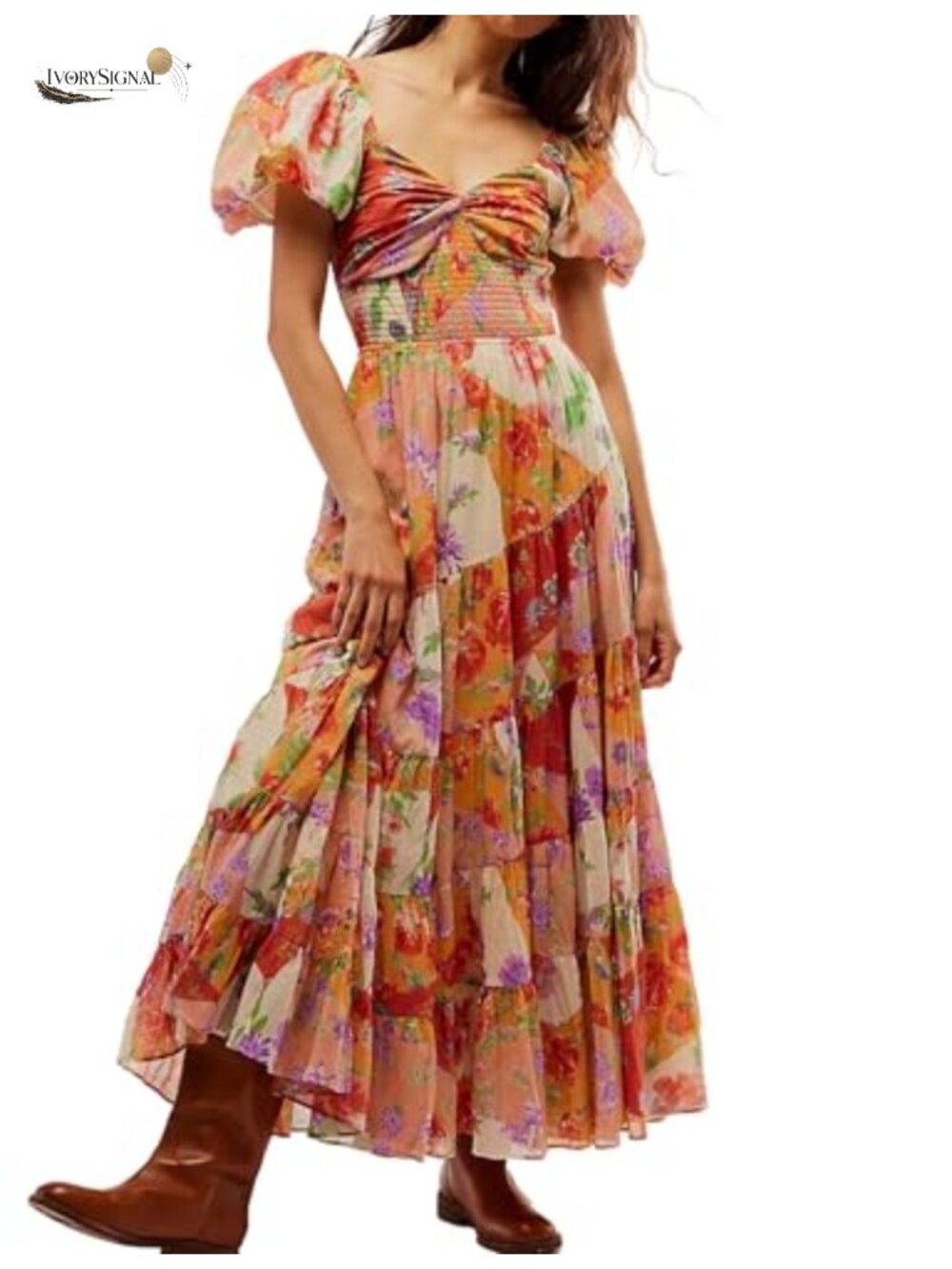Women Floral Maxi Dress Puff Sleeve V Neck Smocked Bohemian Flowy Spring Summer